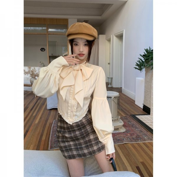 Wooden Ear Bow Lace-up Long Sleeve Shirt