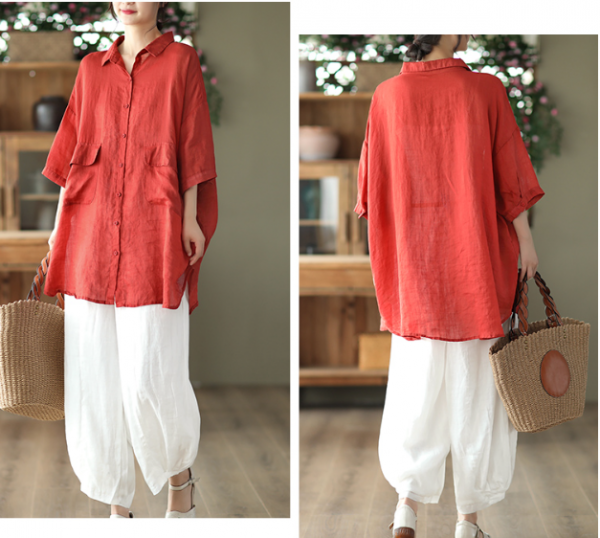 Retro Ramie Shirt Mid-length Elegant Top