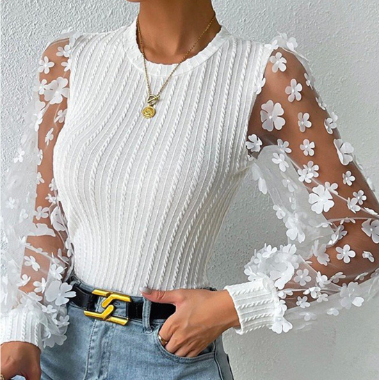 Women's Mesh Small Flower Chiffon Shirt Summer Round Neck Long Sleeve Top