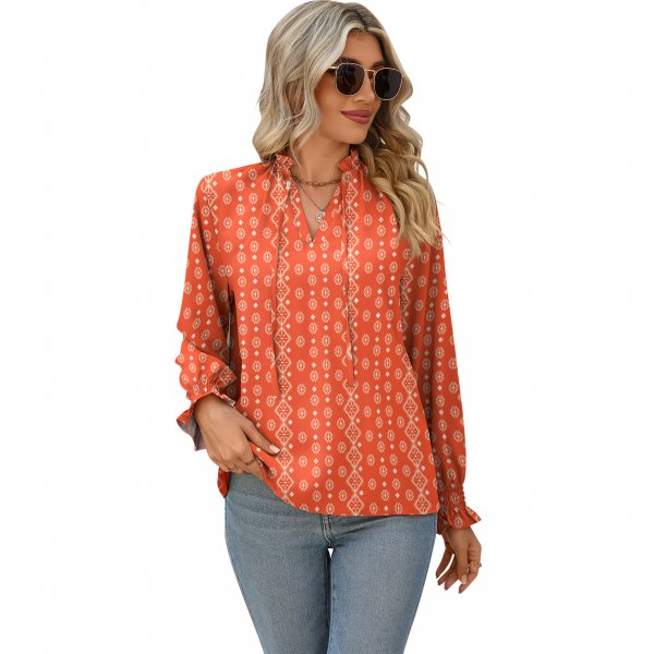 Women's V-neck Lace-up Printed Shirt Top