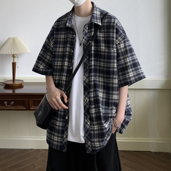 Short Sleeve Plaid Shirt Male Summer Japanese Retro Loose Casual